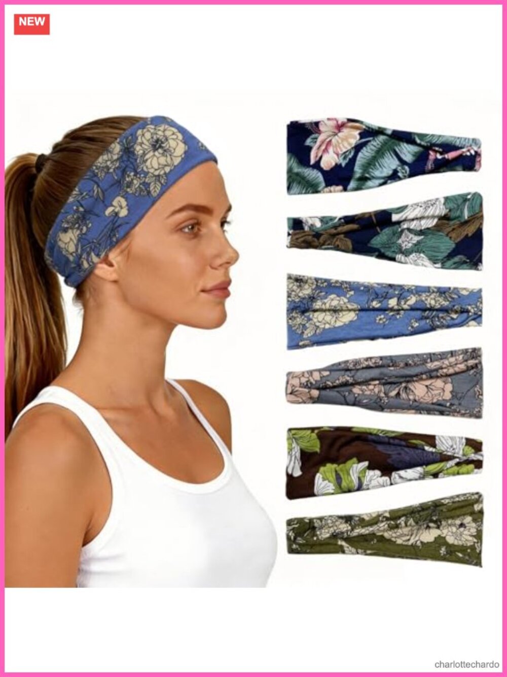 6 Pack Wide Floral Boho Headbands Polyester Spandex Elastic Non Slip
